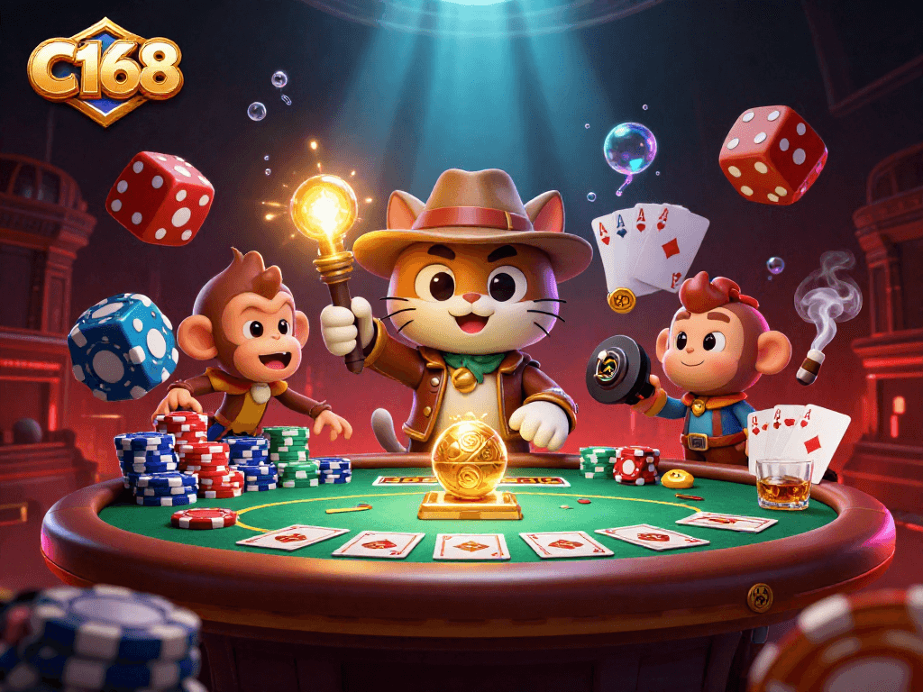 Experience the thrill of C168 with vibrant casino imagery featuring explorers and poker elements.