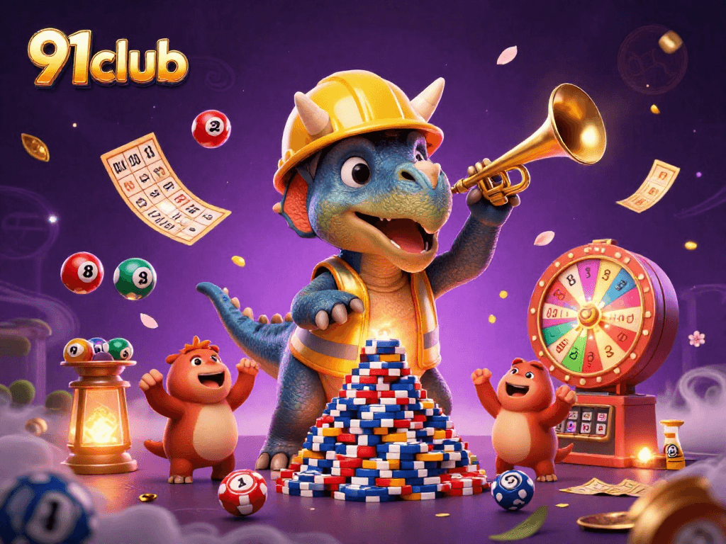 Experience exciting gaming with 91club as a triceratops celebrates a winning moment among vibrant casino elements.