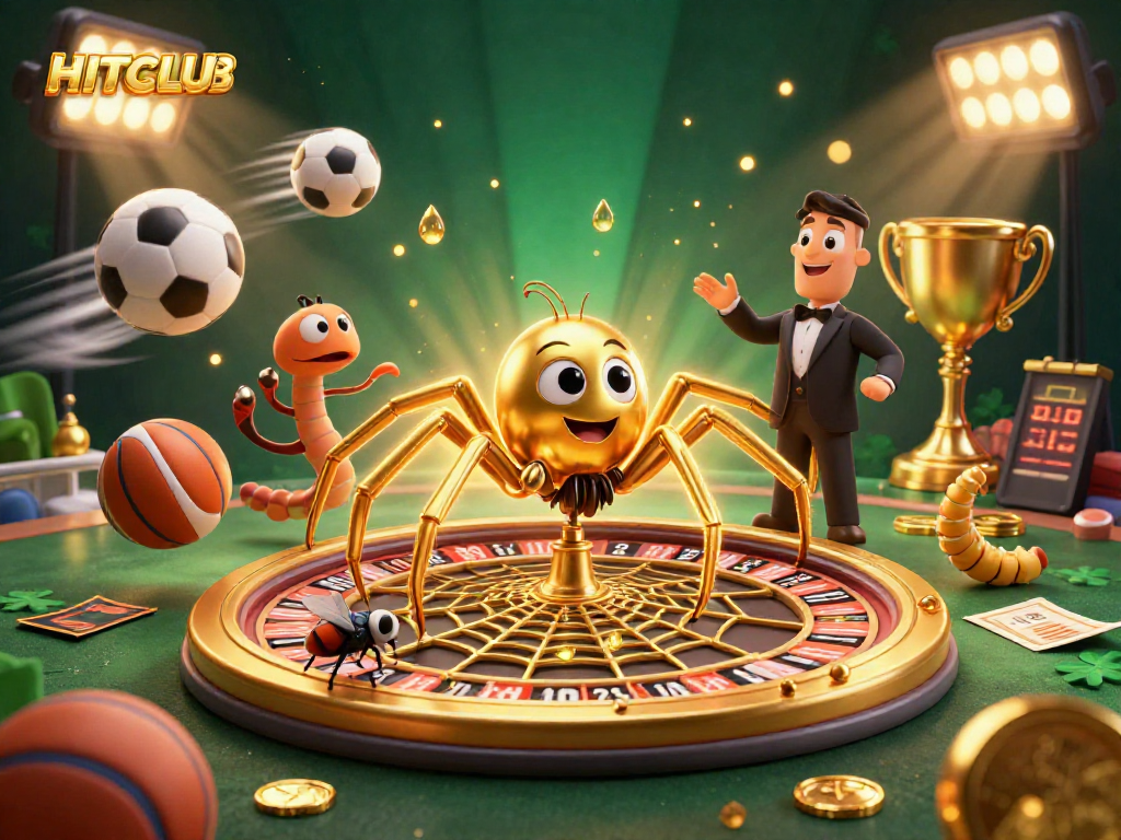 Engage in thrilling bets at HITCLUB, with vibrant visuals of a golden spider web roulette and sports excitement.