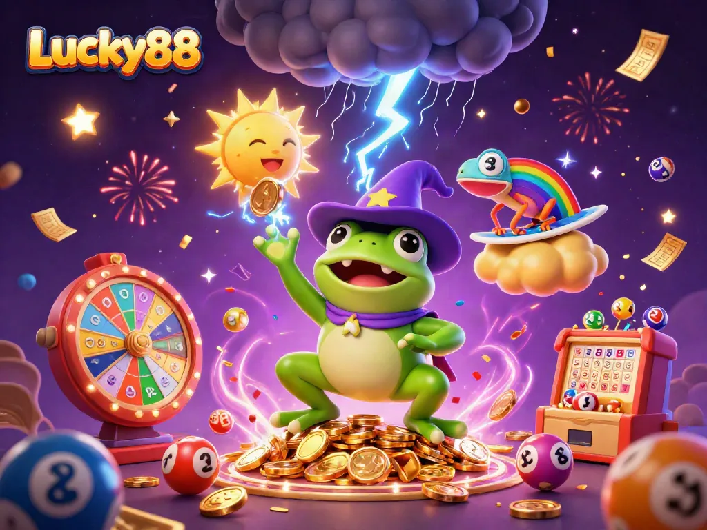 Engage in the thrilling world of Lucky88 with colorful lottery balls and magical characters creating excitement.