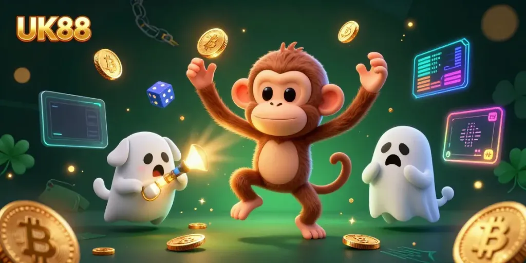 Engage in thrilling gameplay at UK88 with a playful ghostly monkey in a vibrant casino.