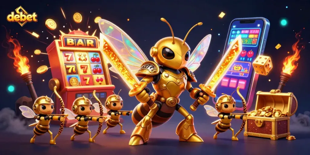 Experience thrilling gameplay at debet with giant hornet samurai and vibrant casino elements.