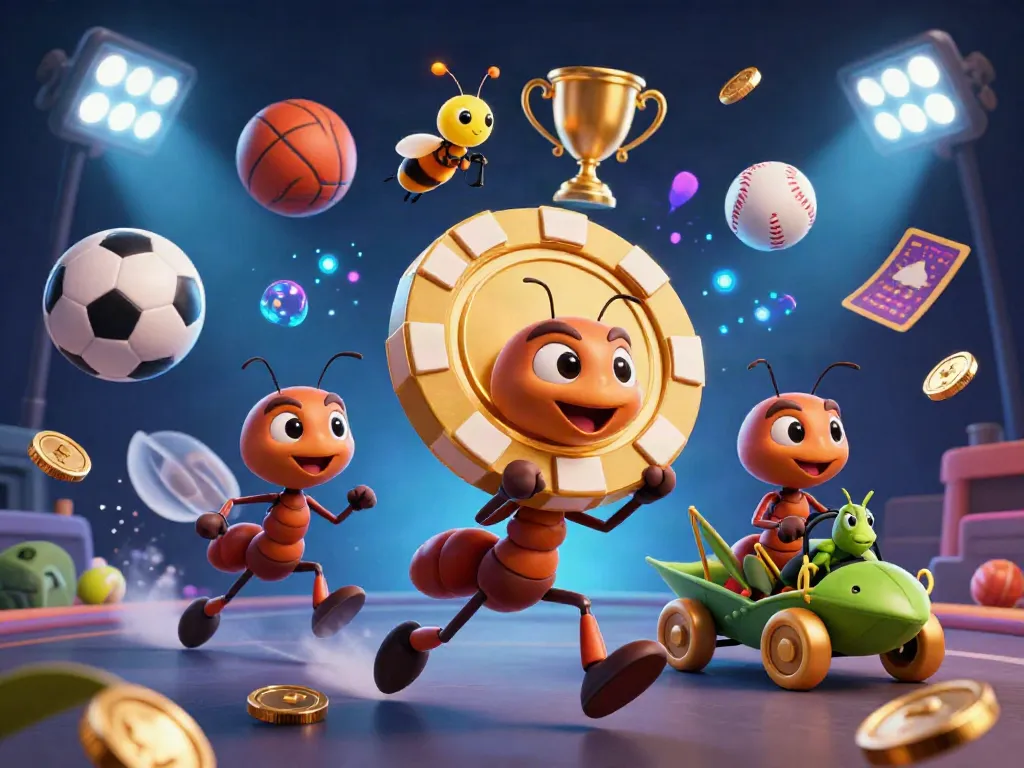 Engage with SV88 while ants heist an oversized poker chip amidst dynamic sports elements.