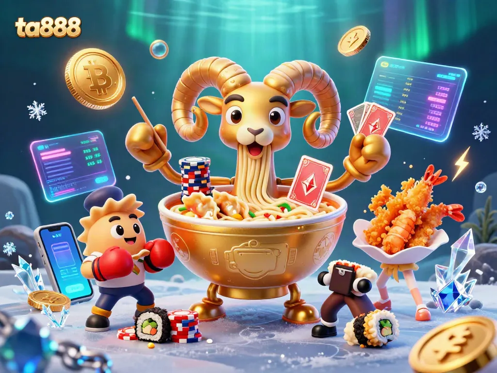 The ta888 casino scene showcases a giant golden ramen bowl character dealing cards amidst crypto elements and cheerful sushi dealers.