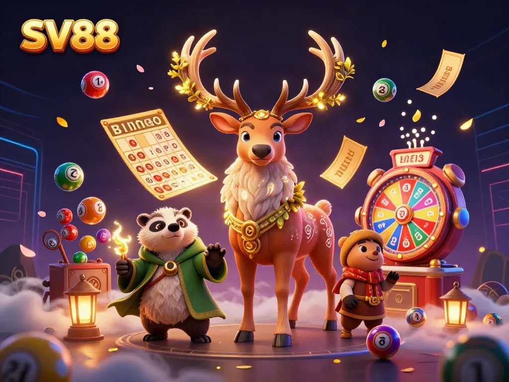Engage with SV88's vibrant lottery and gaming scene featuring dynamic characters and elements.