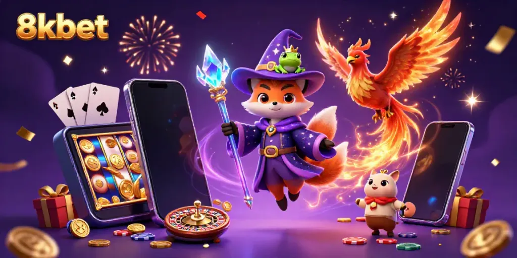 Engage with the magical world of 8xbet featuring a wizard fox, phoenix, and dynamic casino elements.