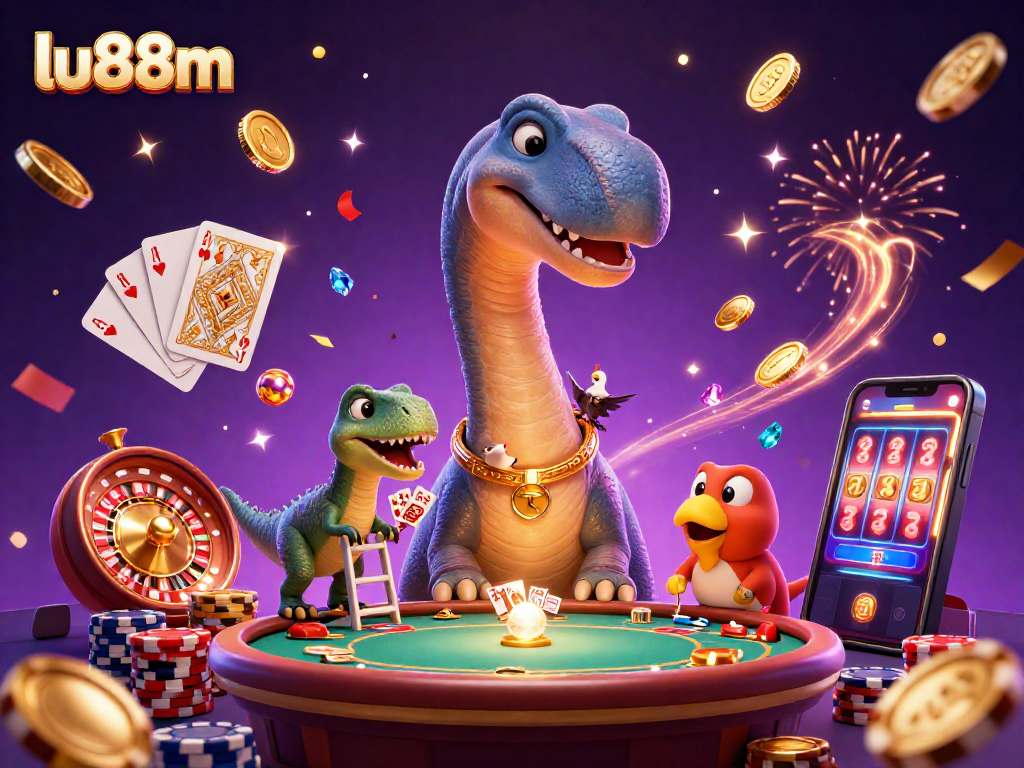 Join the excitement at lu88m with a playful dinosaur dealer amidst dazzling casino elements.