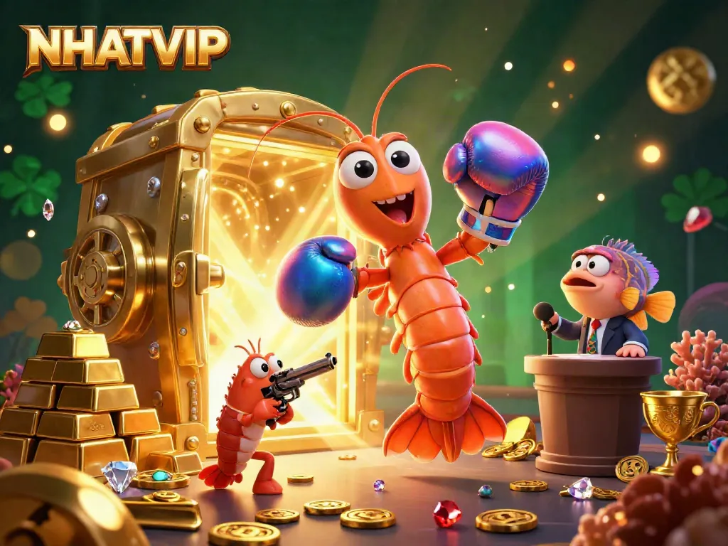 N|H|A|T|V|I|P game scene showcasing colorful 3D characters amidst golden treasures, emphasizing thrilling wins.