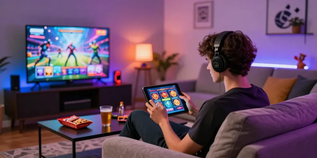 Engaged player enjoying Situs gacor slot game on tablet in modern living room.