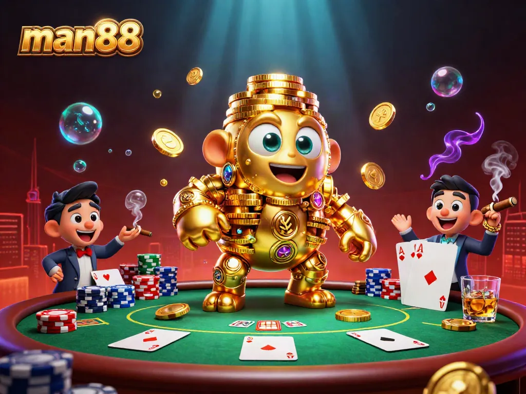Experience thrilling gameplay at man88 with a golden golem and vibrant poker elements.