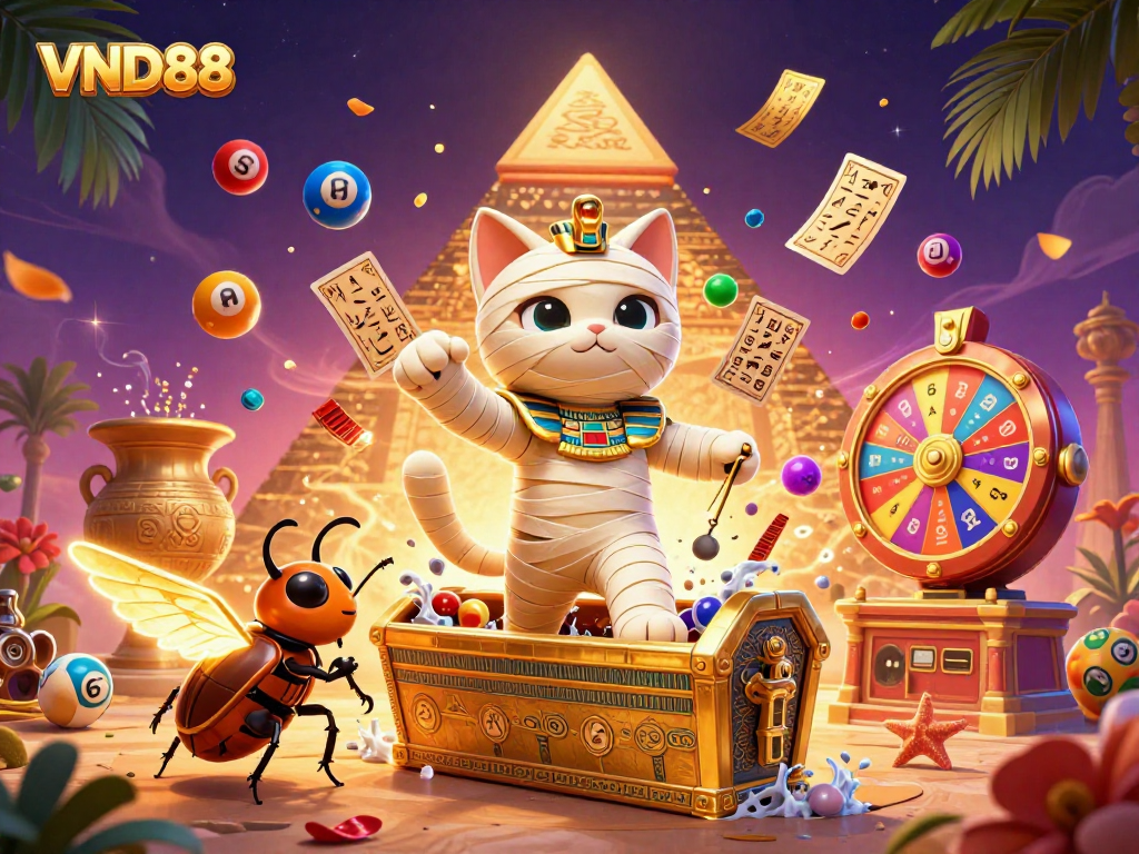 Experience the thrill of VND88 with a vibrant mummy casino scene featuring lively game elements.