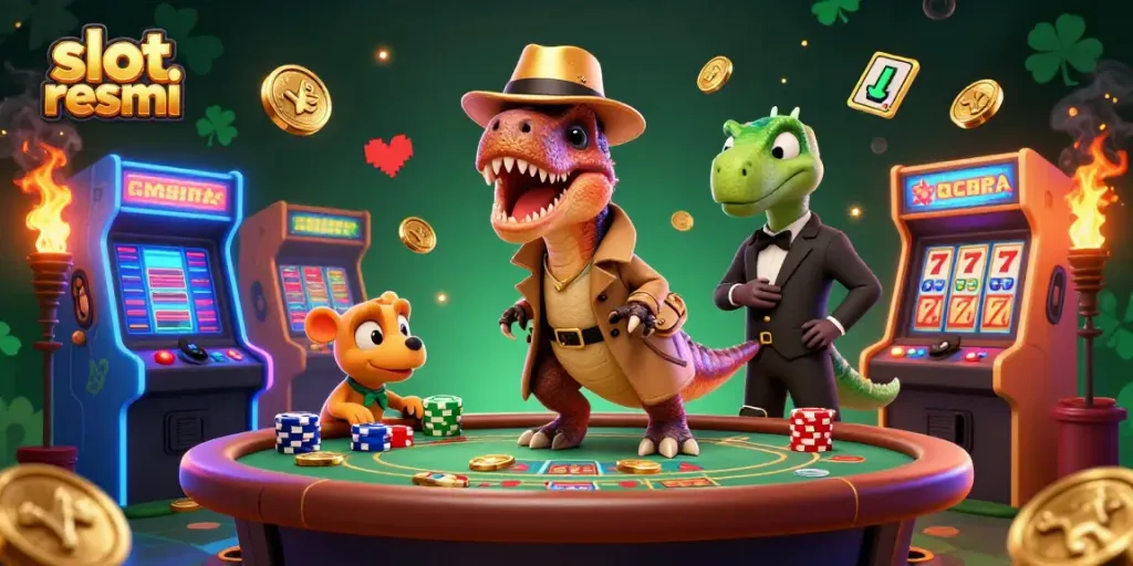 Experience excitement at slot resmi with a velociraptor card counter in a busy casino scene.