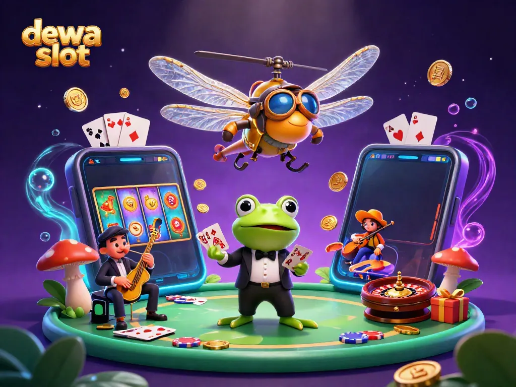 Experience a vibrant dewa slot scene with a dragonfly pilot, frog croupier, and musical crickets.