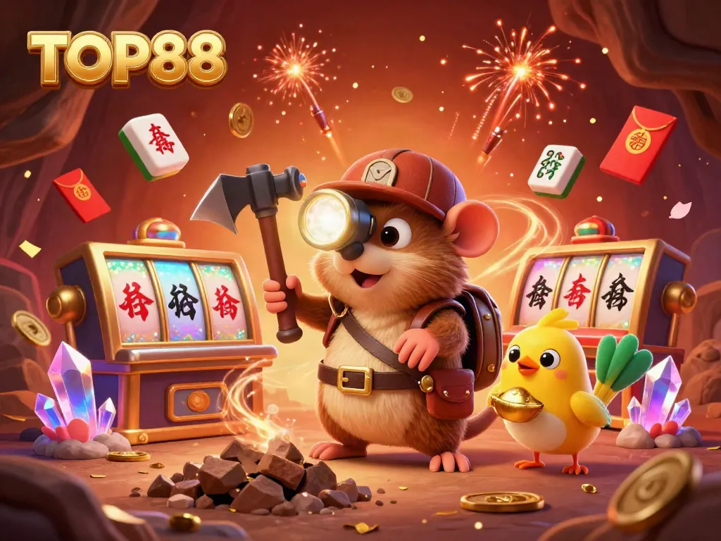 Engage in thrilling moments with TOP88 as a treasure hunter mole explores a vibrant casino adventure.