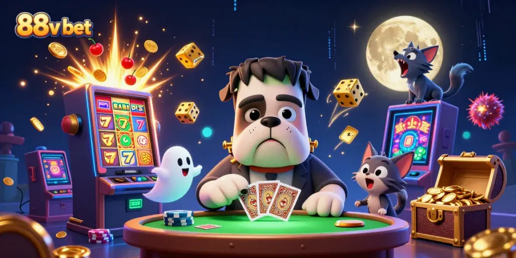 Experience the excitement of 88v bet with a lively casino scene featuring a Frankenstein bulldog dealer and a werewolf kitten.
