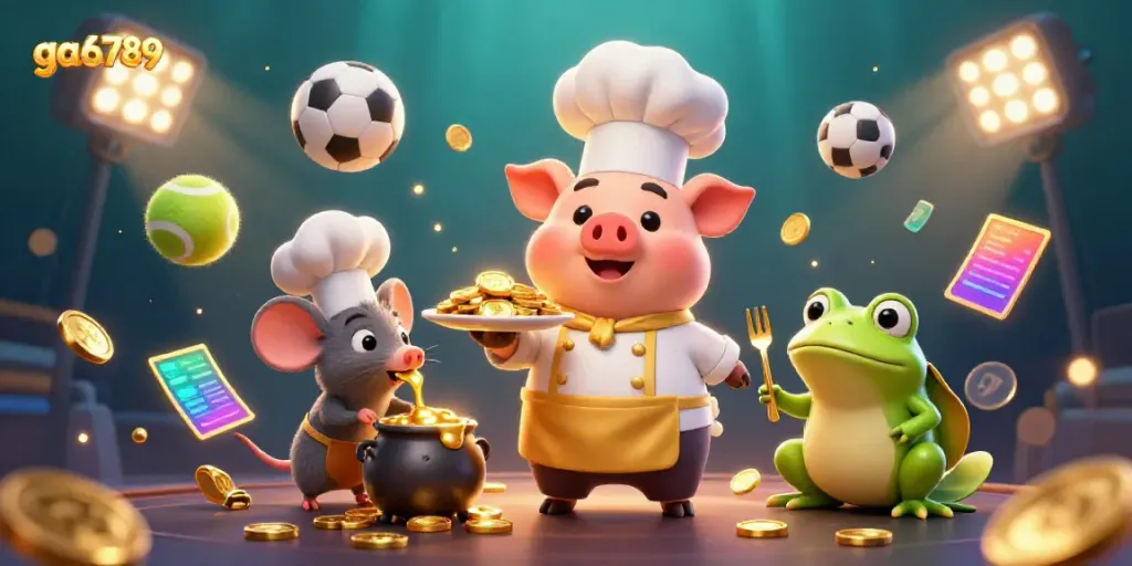 Experience the excitement of ga6789 with a chef pig serving gold coins in a vibrant casino atmosphere.