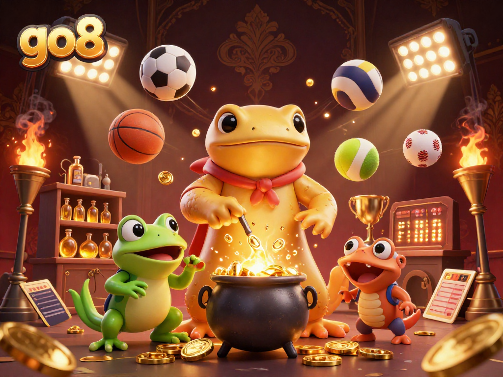 Experience exciting bets with go8 as golden elements and sports balls combine in a vibrant casino scene.