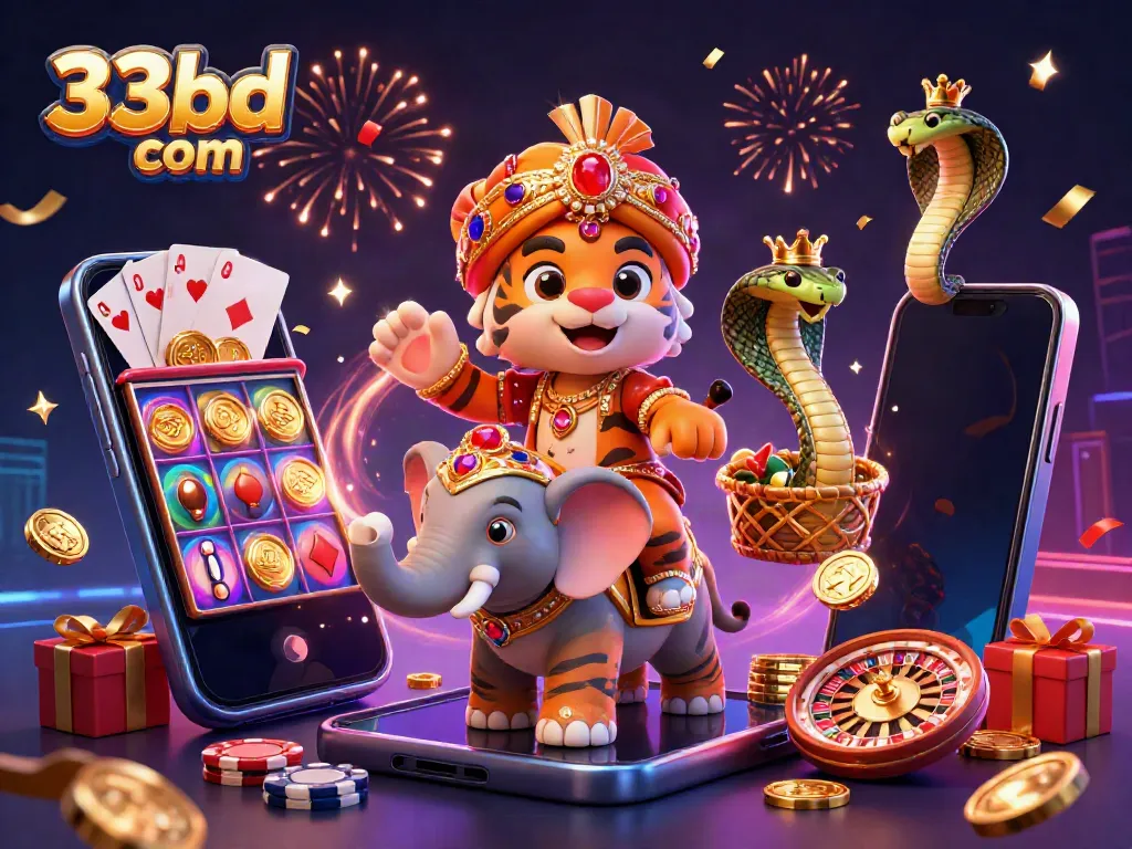 Experience the vibrant energy of 33bd com with a maharaja tiger and jewel-encrusted elements in this dynamic casino scene.