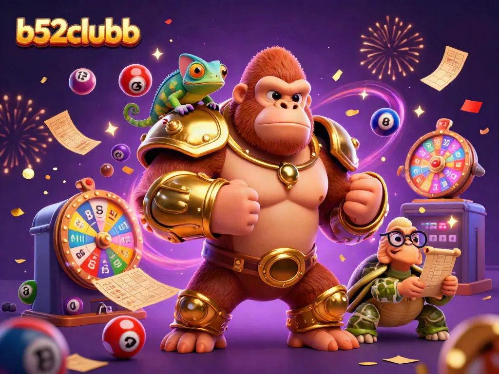 Engage with b52clubb's thrilling gaming experience featuring a gorilla king and friends in vibrant casino atmosphere.