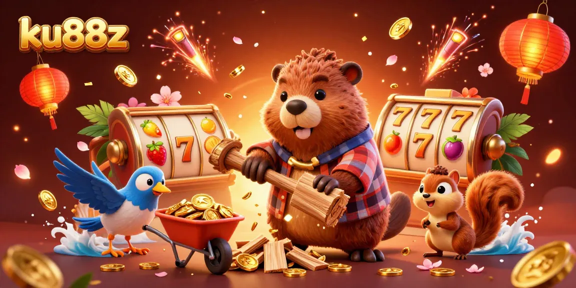 ku88z features a lively scene of a beaver, bird, and squirrel celebrating wins with golden coins and vibrant slot elements.