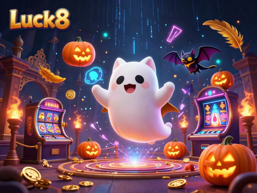 Luck8 showcases a playful ghost cat floating in a haunted casino, enhancing the spooky gambling atmosphere.