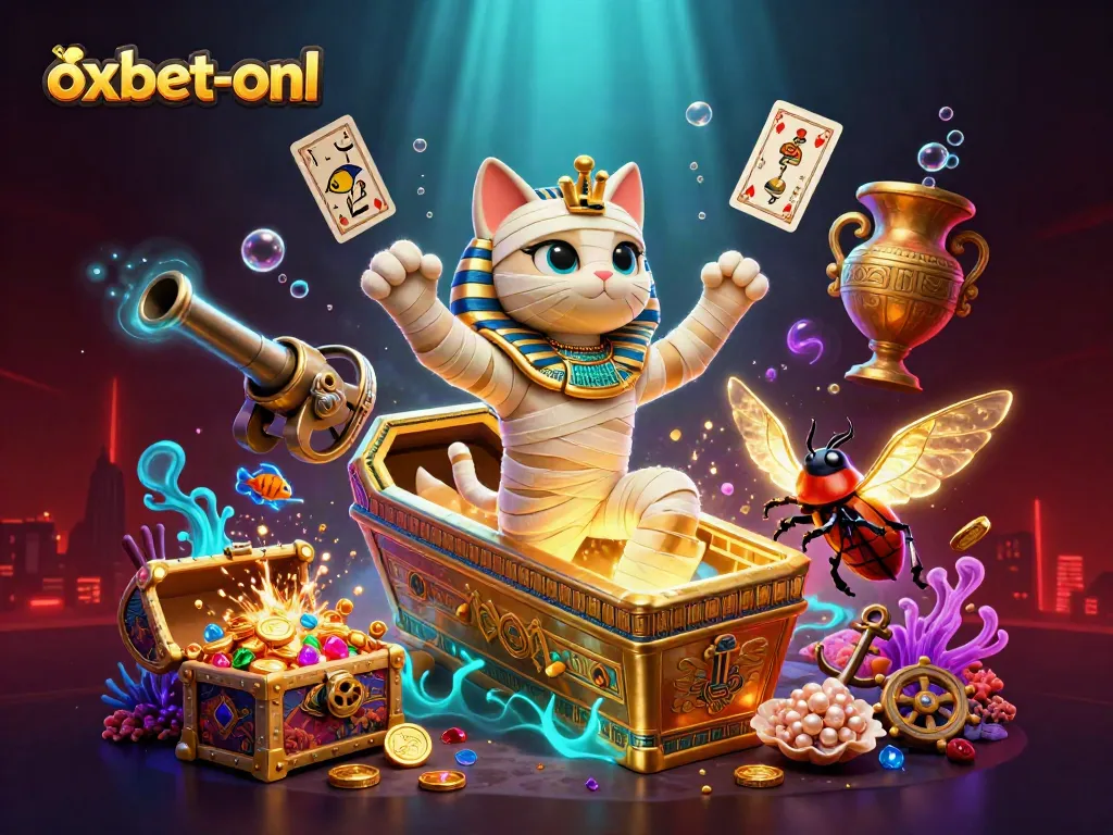 Experience the thrill of gaming at oxbet-onl with an Egyptian mummy cat in a vibrant casino scene