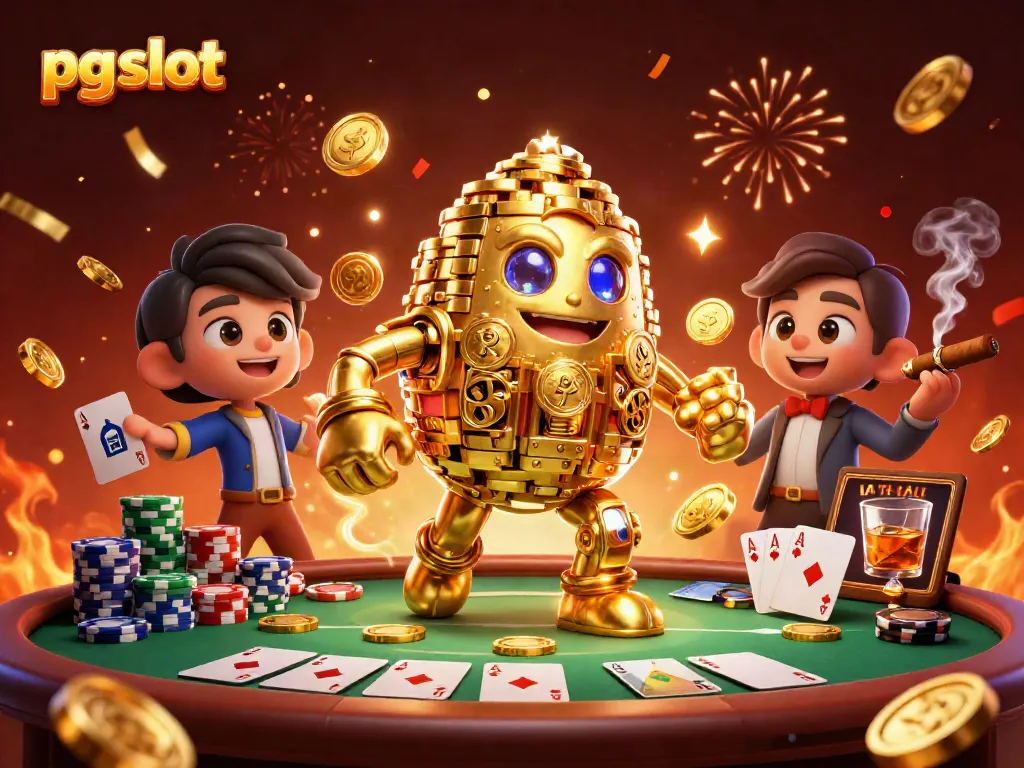 Engage with pg slot games featuring a golden golem, poker chips, and celebratory effects.