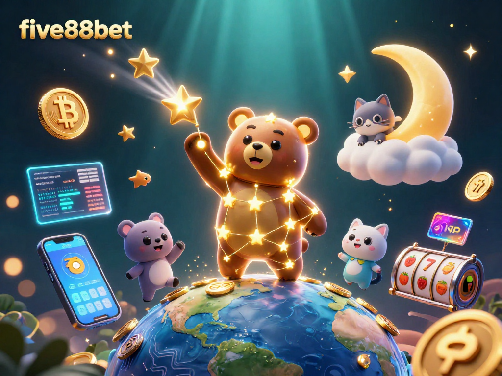 Experience exciting wins with five88bet in this vibrant casino illustration featuring stars and coins.
