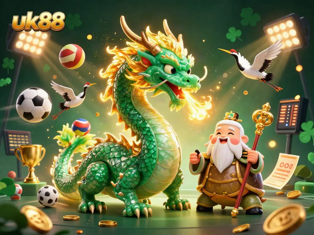 Engage in thrilling betting action with uk88 as a jade dragon, turtle sage, and lucky cranes unite in a vibrant casino scene.