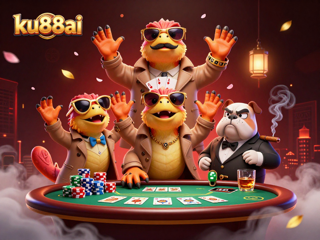 ku88ai raptors enter a VIP lounge full of poker elements and a suspicious bulldog bouncer