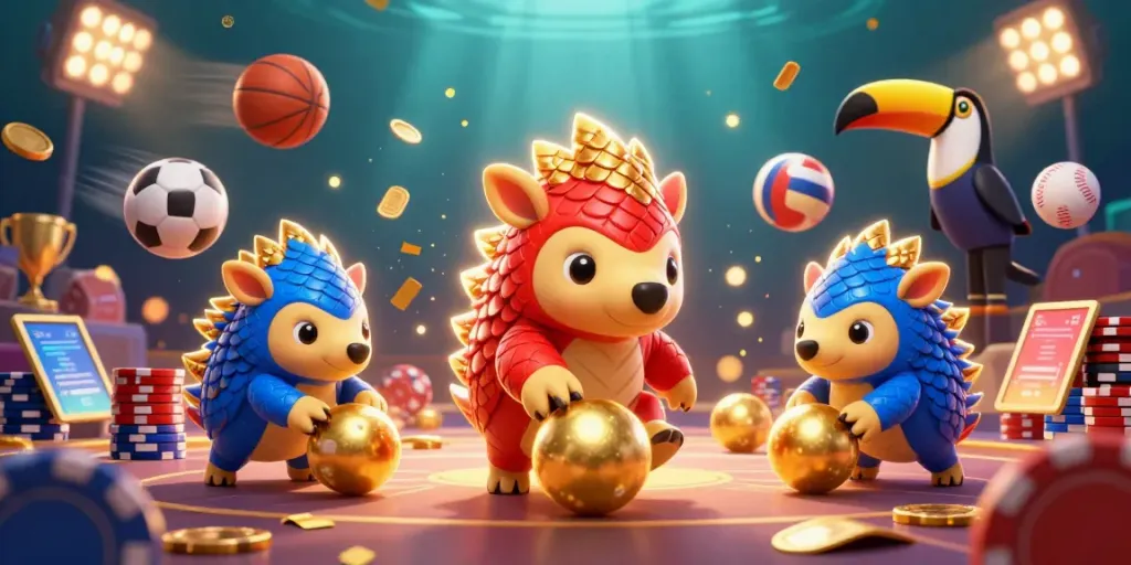 IWIN pangolins compete with coins and poker chips in a dynamic casino-themed game scene.