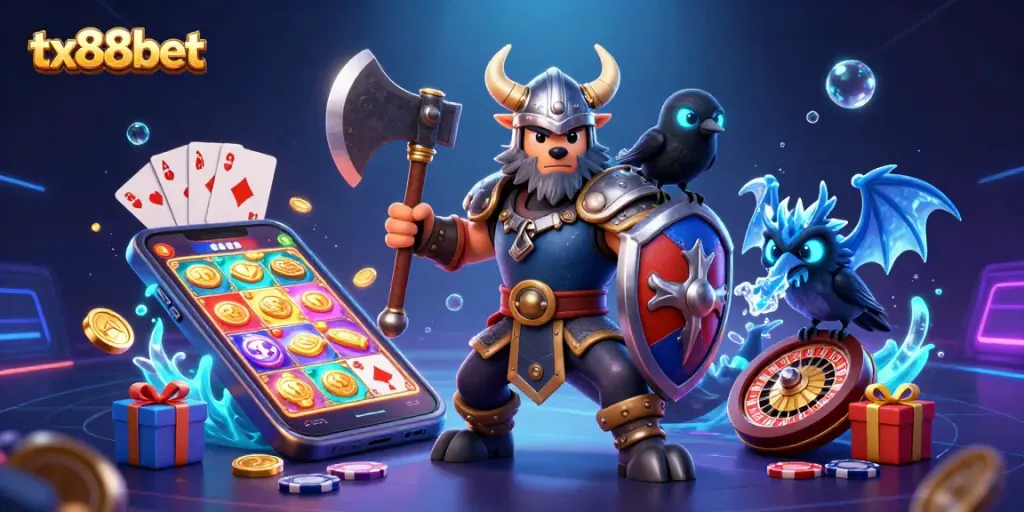 Engage in the tx88bet adventure with a cartoon Viking wolf warrior, fierce dragon, and raven amidst vibrant slot game elements.
