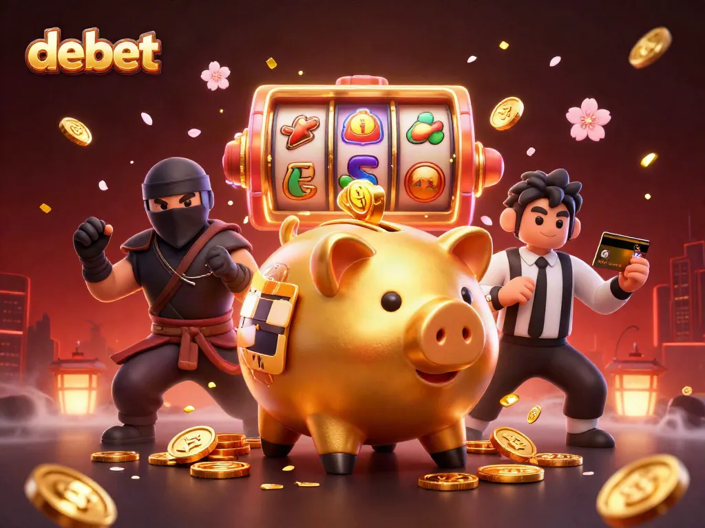 Engage with debet's exciting slot gameplay through a dynamic 3D illustration featuring a golden piggy bank sumo wrestler.