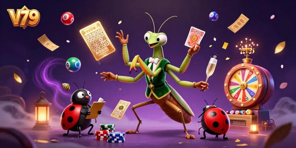 V79 interactive casino scene with a mantis card sharp and ladybug pit boss surrounded by lottery elements.