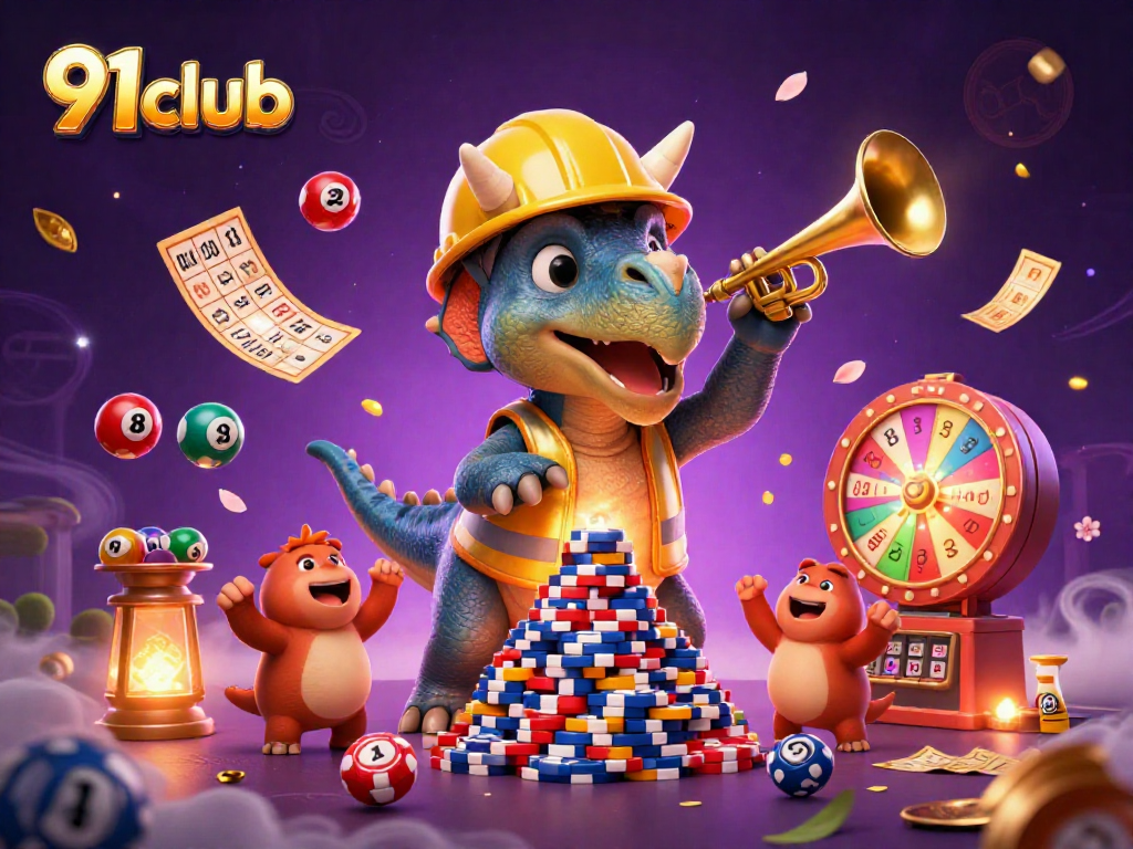Experience exciting gaming with 91club as a triceratops celebrates a winning moment among vibrant casino elements.