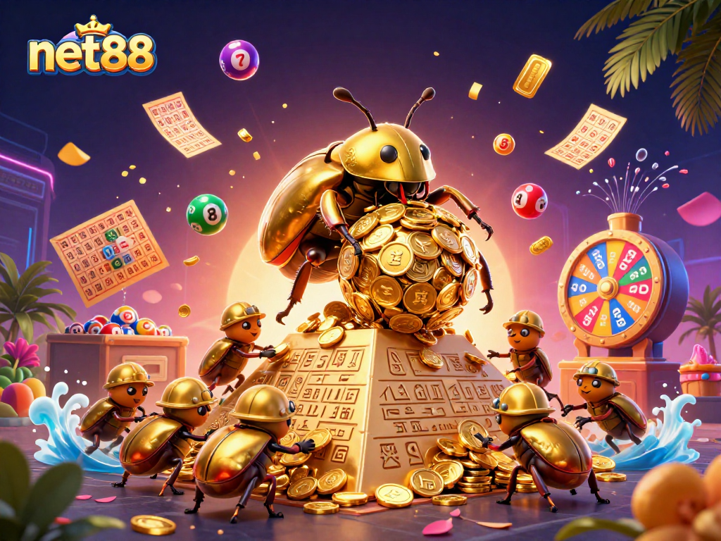 Experience excitement with net88's vibrant lottery games featuring colorful balls and golden treasures.
