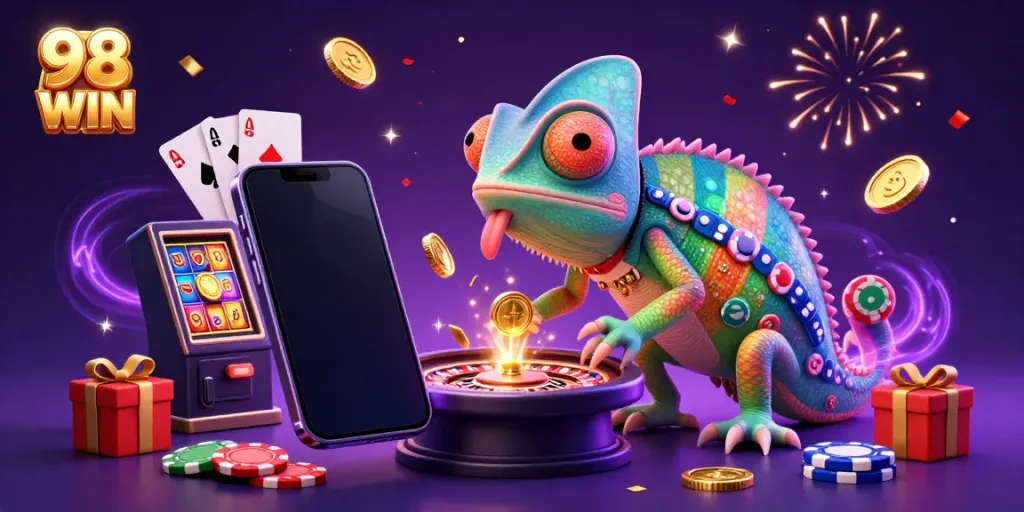 Engage with exciting games at 98 WIN casino, featuring a playful chameleon owner surrounded by vibrant slot games.