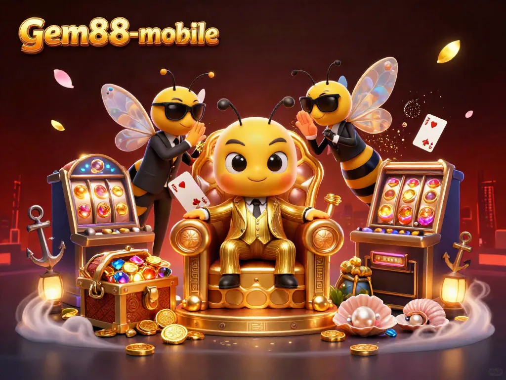 Experience a vibrant gem88-mobile casino scene with a bustling mob boss and game elements.