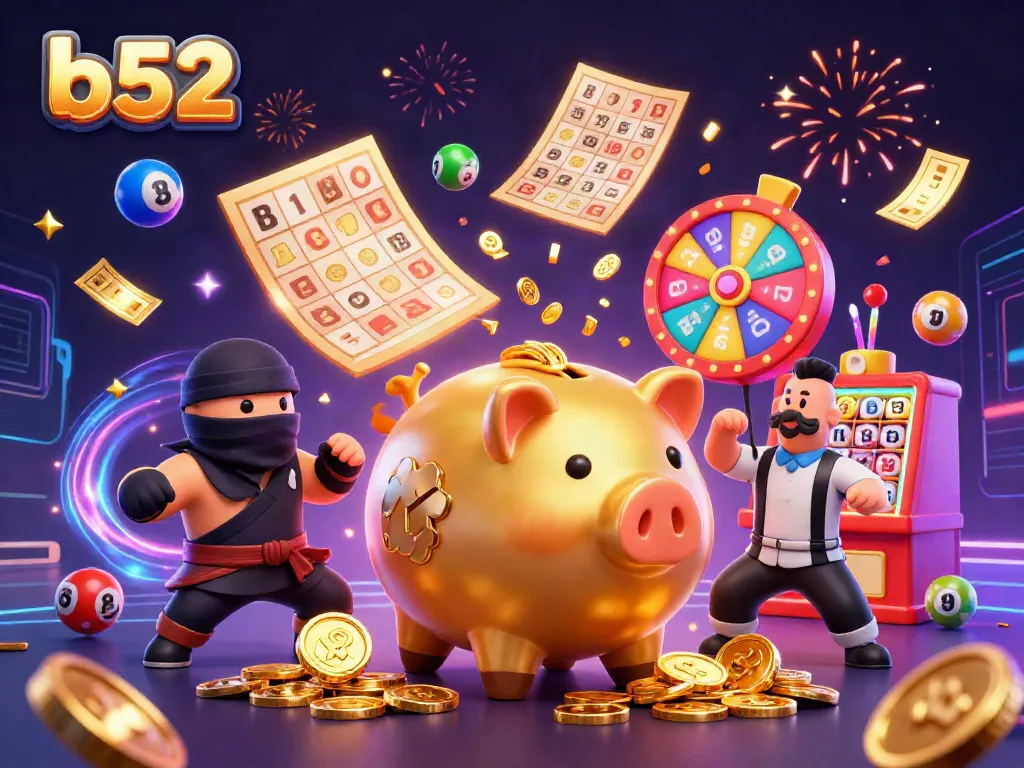 Experience the excitement of b52 with a dynamic 3D scene featuring casino characters and vibrant elements.