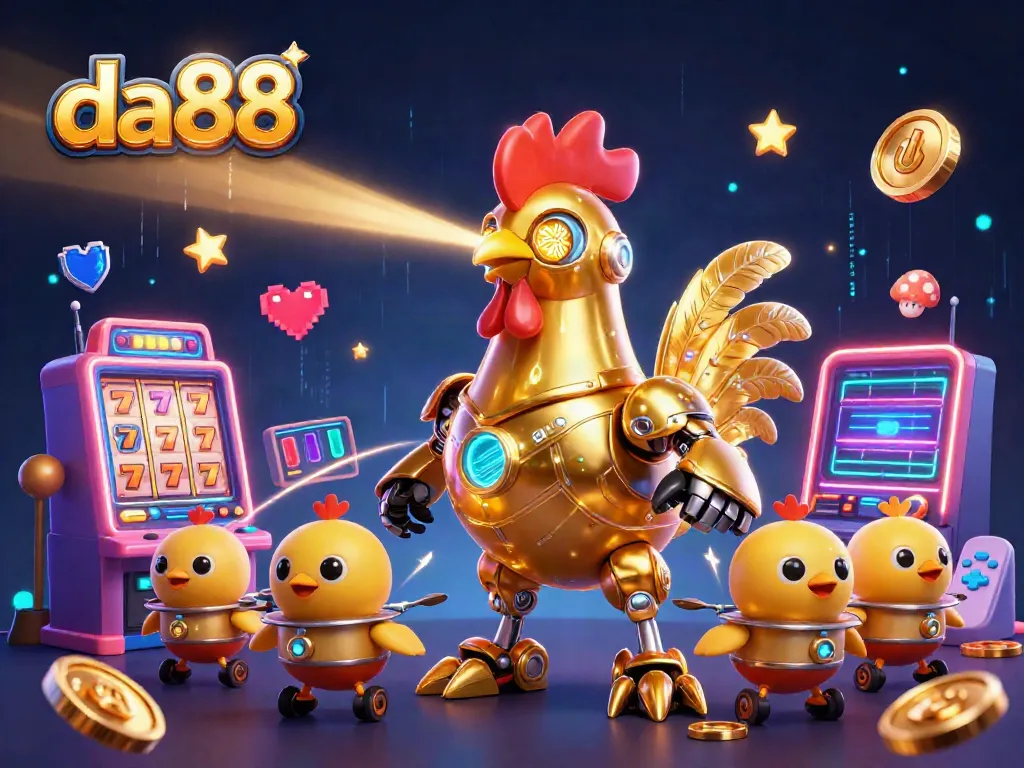 Engage with da88 in a vibrant 3D casino scene featuring a golden rooster robot and baby chick drones.