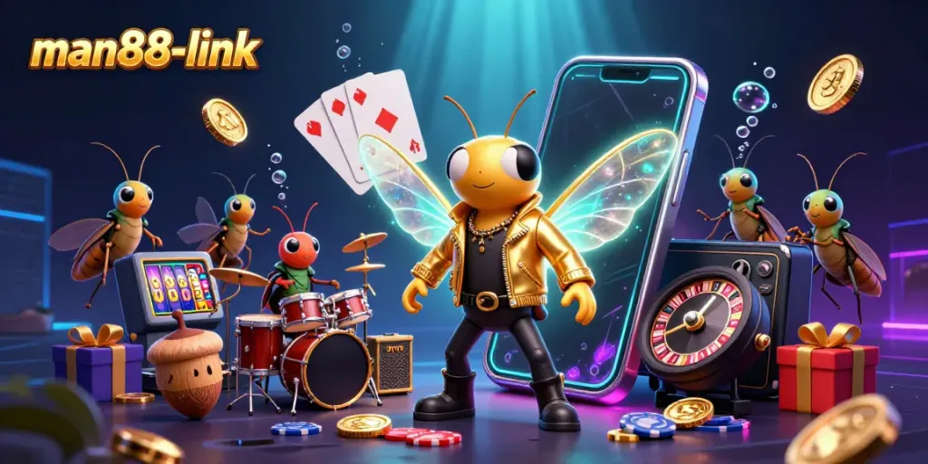 Experience the thrilling excitement of man88-link with cartoon characters surrounded by vibrant gaming elements.