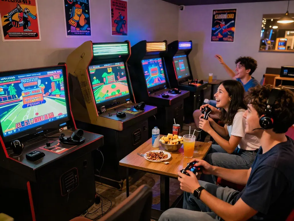 Friends playing with PECAH404 gaming console in a lively retro game room.