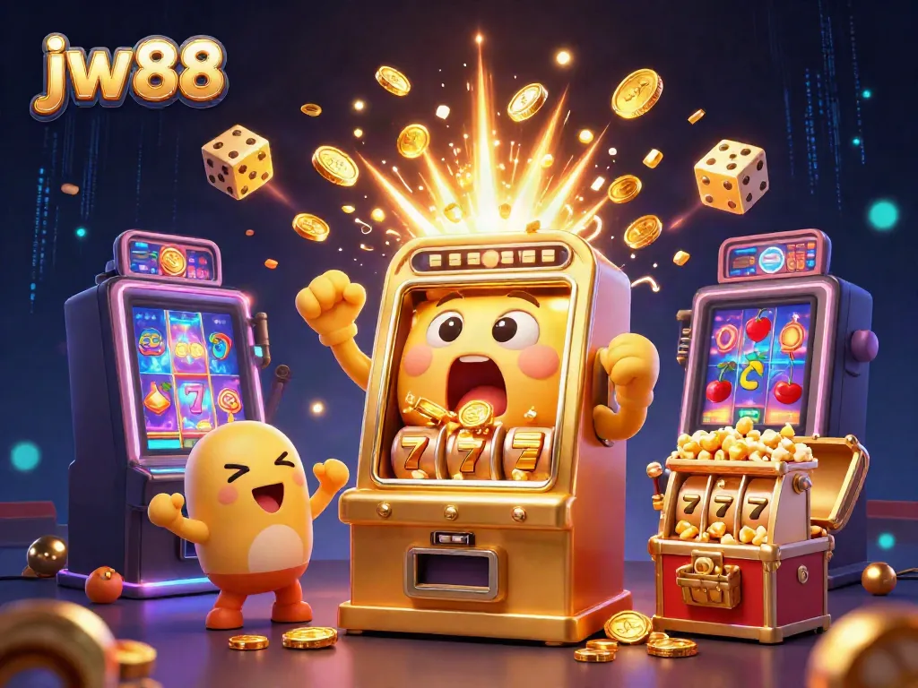 Win big with jw 88 as the golden slot machine celebrates its jackpot, coins pouring out as excitement fills the scene.