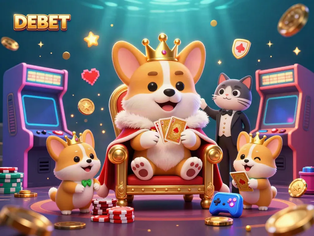 Experience DEBET with a royal corgi throne and vibrant casino elements in a playful scene.
