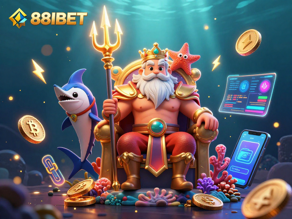Engage in exciting adventures with 88IBET's vibrant underwater casino scene featuring Neptune and crypto elements.