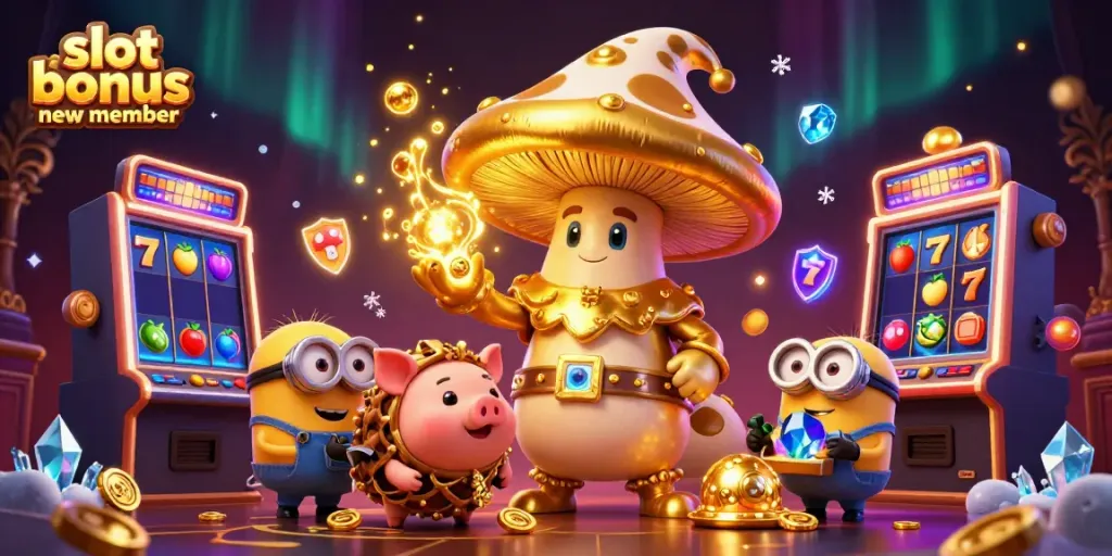 Experience the excitement of slot bonus new member promotions with golden wizard characters and colorful slot machines vividly illustrated.