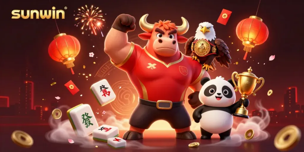 Experience the excitement of sunwin with bold characters and dynamic casino elements in a vibrant celebration.
