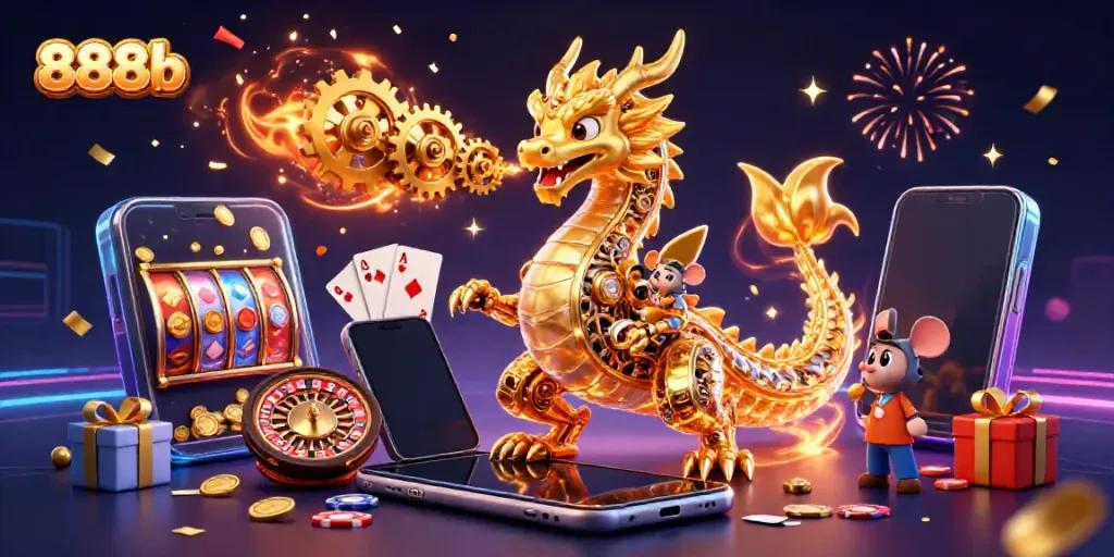 Engage in thrilling gaming action with 888b in this vibrant 3D casino illustration.