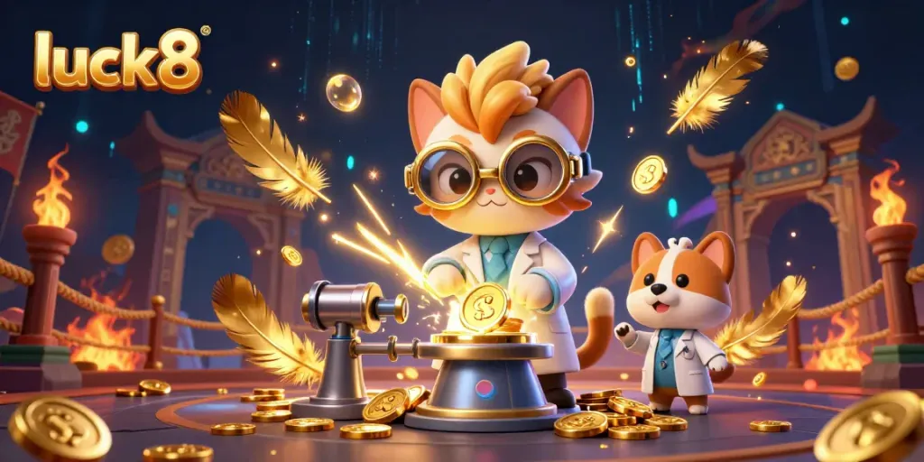 Engage with luck8's thrilling gaming experience as a mad scientist cat and a dog create coin magic amid casino chaos.