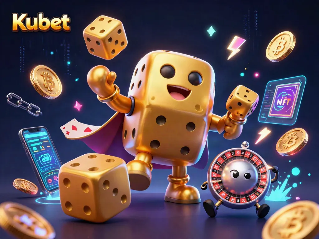 Kubet delivers thrilling moments as a giant dice golem juggles games of chance and cryptocurrency in a lively casino scene.